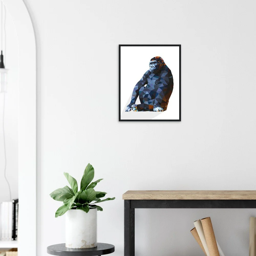 Sylvaback II — low-poly geometric gorilla portrait in blue, navy and burnt-orange by Toronto artist Miro Image; contemporary fine art print