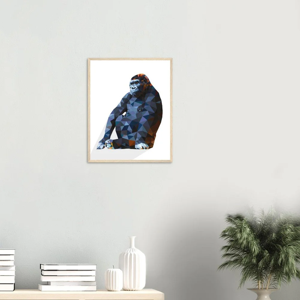 Sylvaback II — low-poly geometric gorilla portrait in blue, navy and burnt-orange by Toronto artist Miro Image; contemporary fine art print