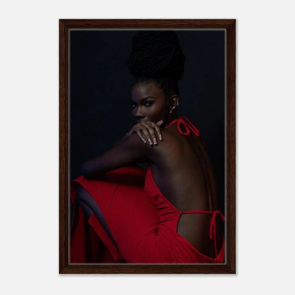 Peaceful Chaos — fine art portrait photograph by Toronto photographer Miro Image; woman in a flowing red dress against a dark background