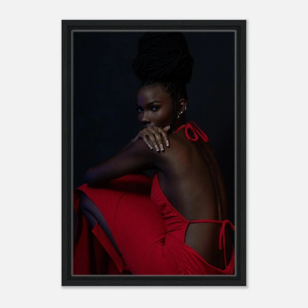 Peaceful Chaos — fine art portrait photograph by Toronto photographer Miro Image; woman in a flowing red dress against a dark background