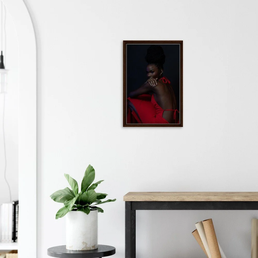 Peaceful Chaos II — fine art portrait photograph by Toronto photographer Miro Image; woman in a flowing red dress against a dark background