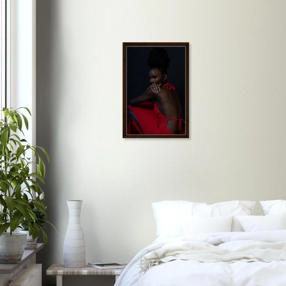 Peaceful Chaos II — fine art portrait photograph by Toronto photographer Miro Image; woman in a flowing red dress against a dark background