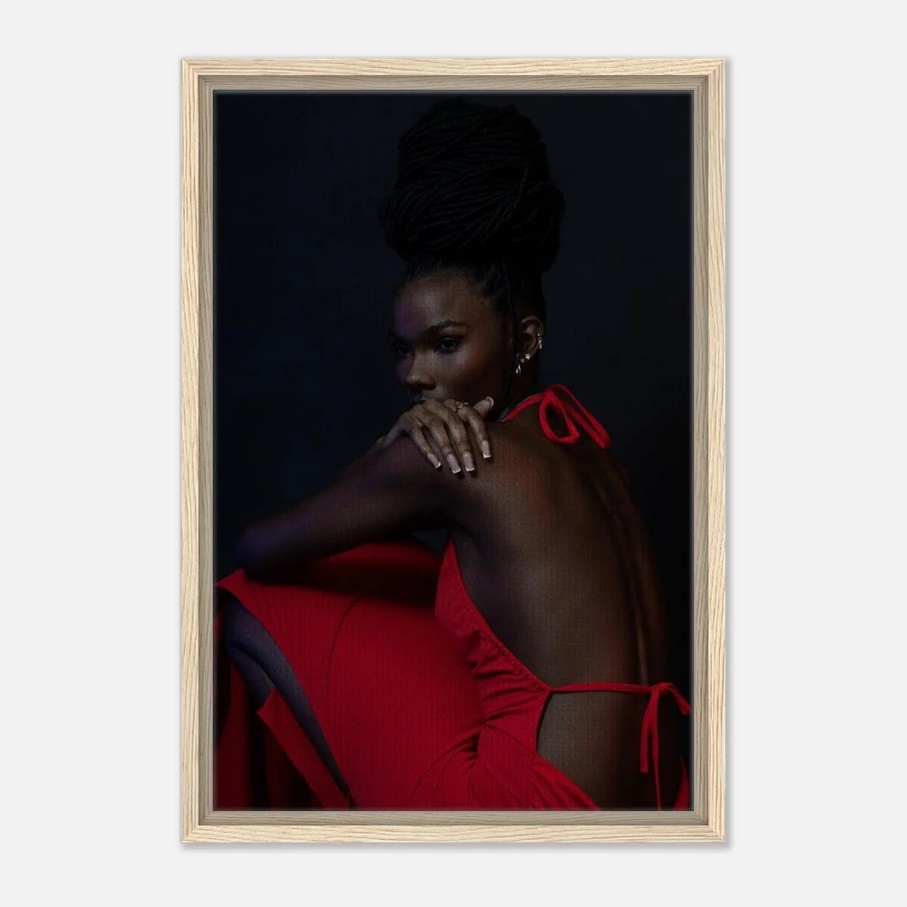 Peaceful Chaos II — fine art portrait photograph by Toronto photographer Miro Image; woman in a flowing red dress against a dark background