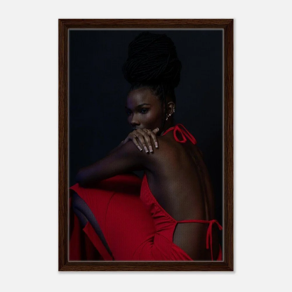 Peaceful Chaos II — fine art portrait photograph by Toronto photographer Miro Image; woman in a flowing red dress against a dark background