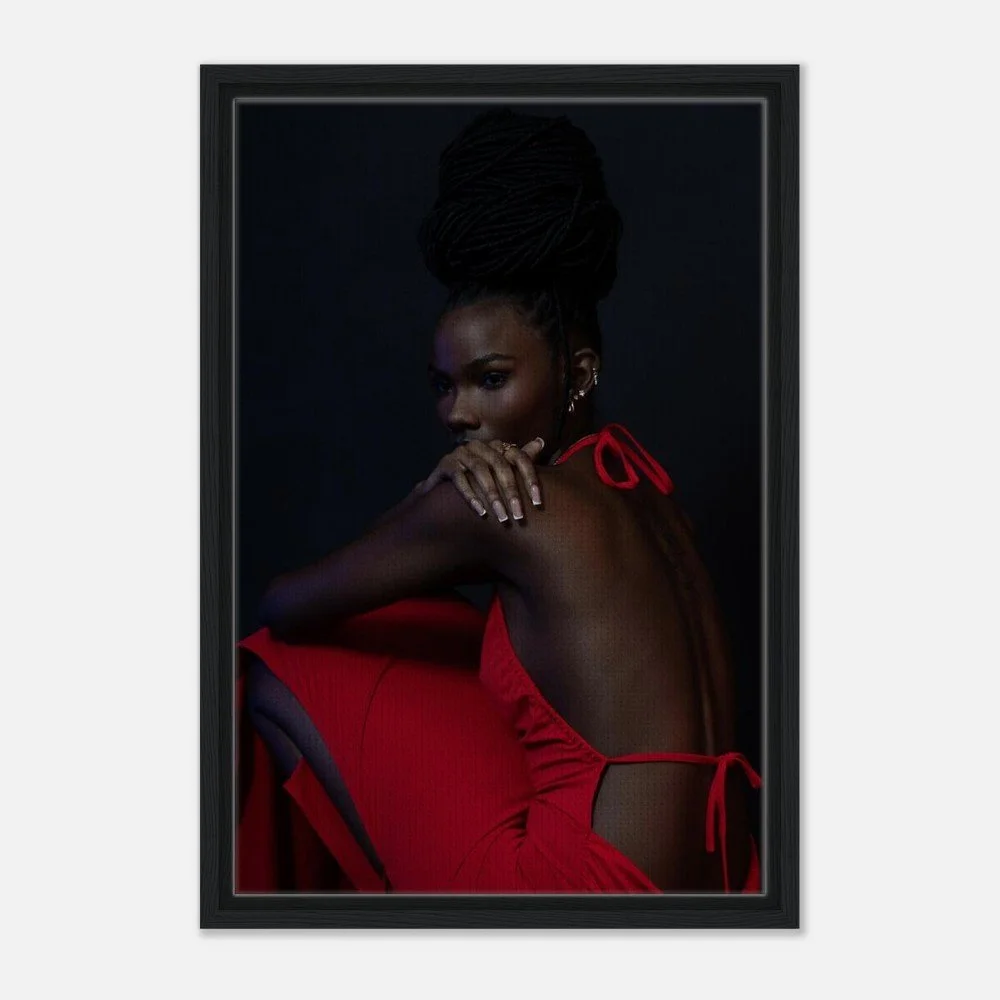 Peaceful Chaos II — fine art portrait photograph by Toronto photographer Miro Image; woman in a flowing red dress against a dark background
