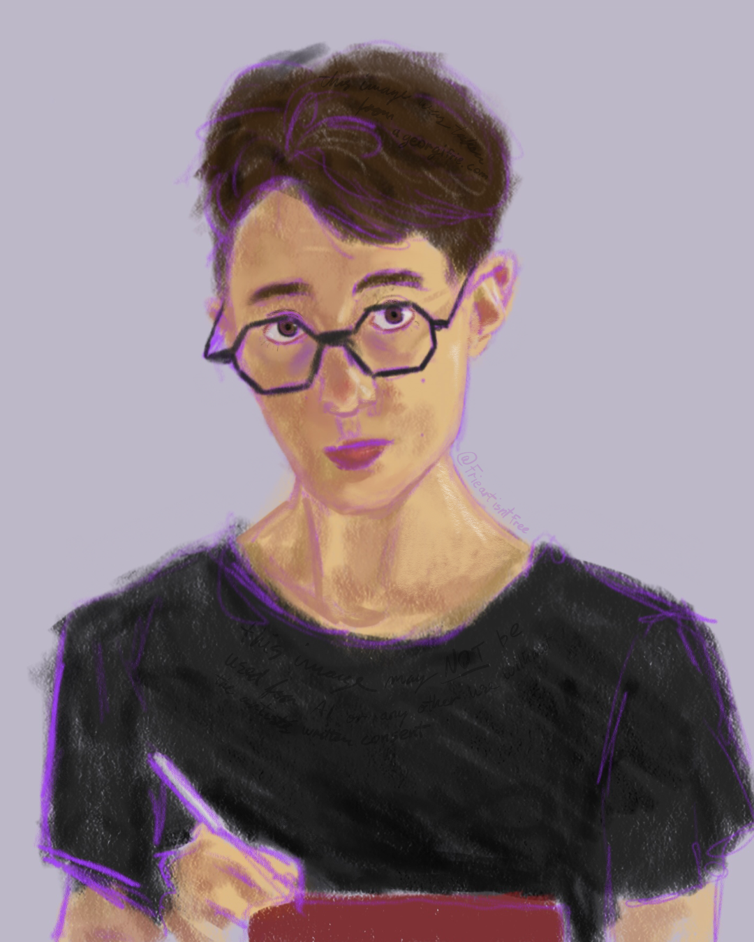 self portrait of A. Georgi Frie. they are studying the viewer with a tablet and stylus in hand. they are wearing a black t-shirt and glasses, and have short brown hair.  image is subtly watermarked to prevent theft