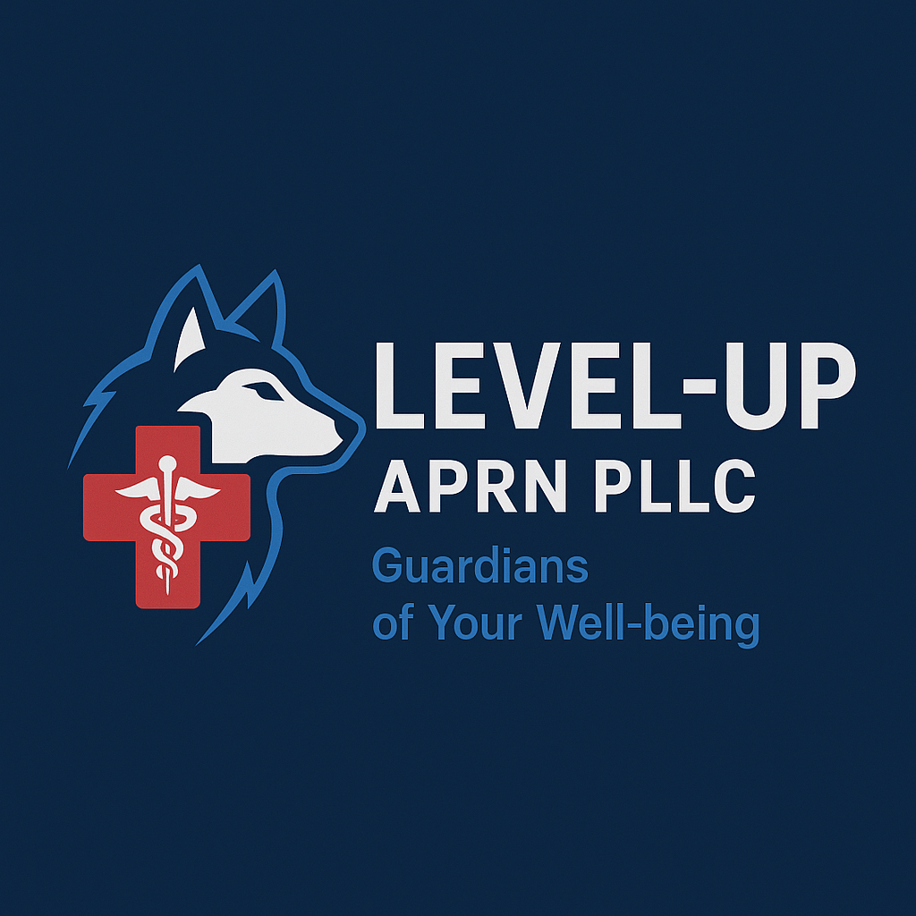 Logo featuring a husky dog with a medical cross and caduceus symbol, with text 'LEVEL-UP APRN PLLC Guardians of Your Well-being' on a dark background.
