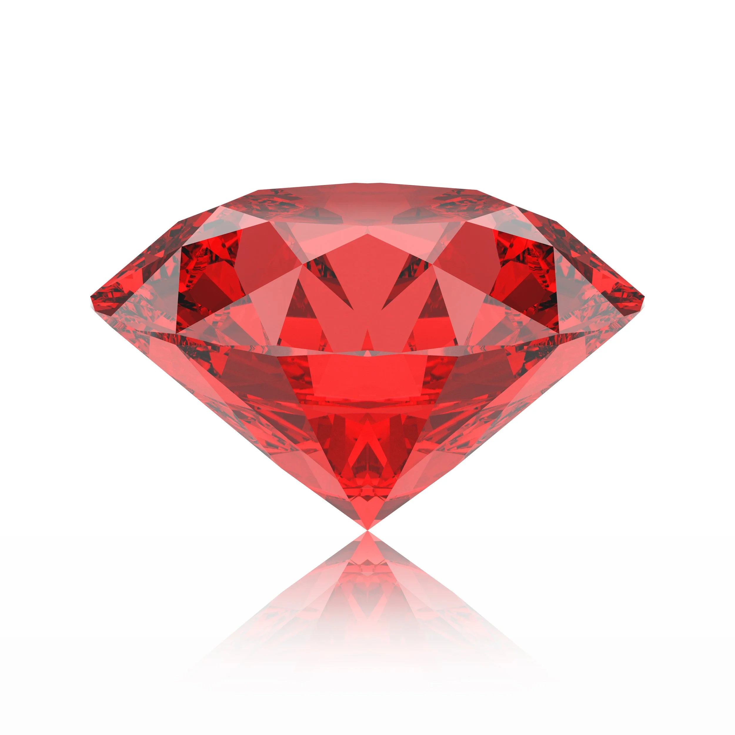 A large, cut red gemstone resembling a diamond, with a reflective surface and visible facets, against a plain white background.