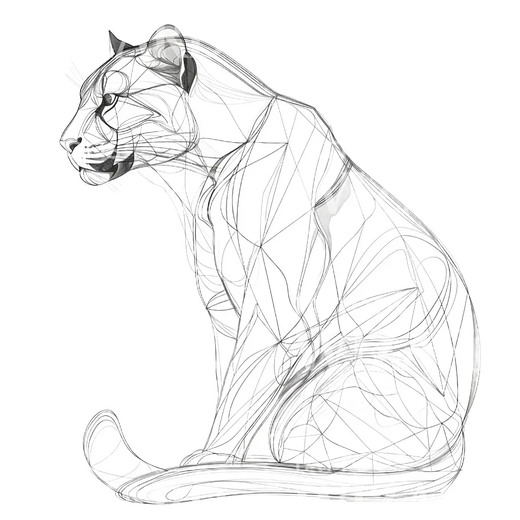 Line drawing of a sitting lioness with detailed head and body outlines.