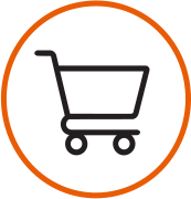 Outline of a shopping cart inside a circular orange border.