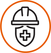 Icon of a worker wearing a safety helmet with a plus symbol on the face shield