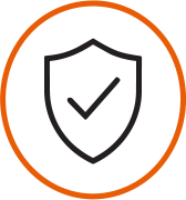 Shield icon with checkmark inside, outlined in black with an orange border.