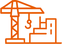 Orange construction crane next to partially built structure.