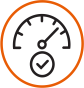 A black gauge with orange outline showing a needle pointing slightly above the middle, and a check mark below.