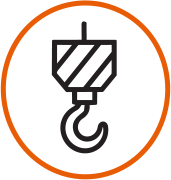 Icon of a black hook with a safety latch, outlined in orange.