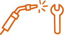 A welding torch with sparks coming out and a wrench icon.