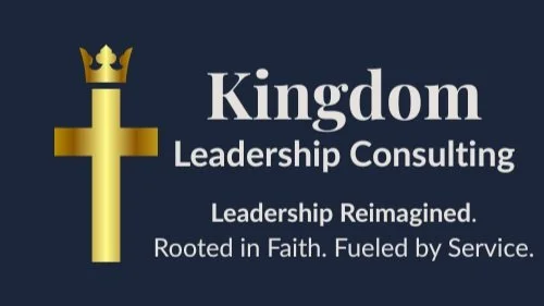 Logo for Kingdom Leadership Consulting featuring a gold cross with a crown on top, and text stating 'Kingdom Leadership Consulting - Leadership Reimagined. Rooted in Faith. Fueled by Service.'