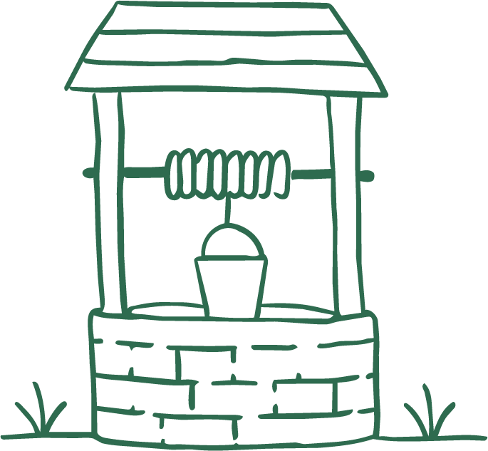 A simple line drawing of a well with a roof, a bucket hanging from a pulley, and some grass at the base.