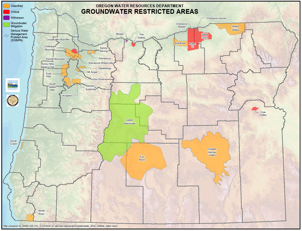 Map of groundwater restricted areas in Oregon, showing different zones marked in colors: red for critical, yellow for withdrew, and green for groundwater mitigation. Notable areas include Upper Deschutes, Fort Rock, and Greater Harney Valley.