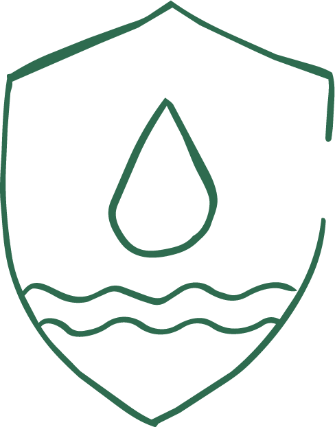Minimalist line drawing of a shield with a water droplet and wavy lines inside, representing water protection or conservation.