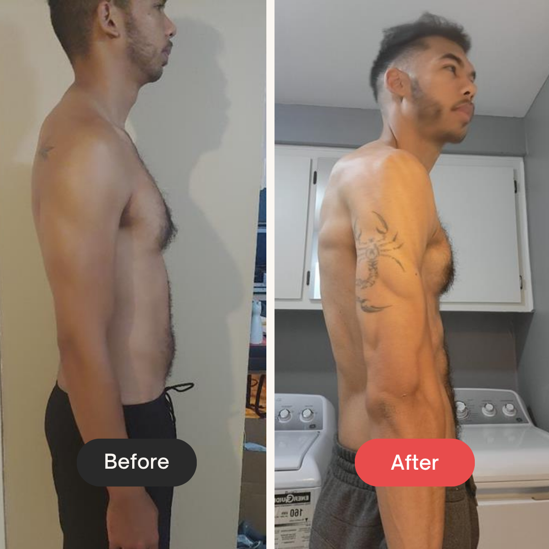 Side-by-side comparison of a man before and after workout transformation. In the 'Before' photo, he is shirtless, has a slightly protruding belly, and is wearing dark shorts in a room with a beige wall. In the 'After' photo, he appears leaner, more muscular, with visible arm and chest muscles, a tattoo on his upper arm, and is wearing gray shorts in a kitchen with white cabinets.