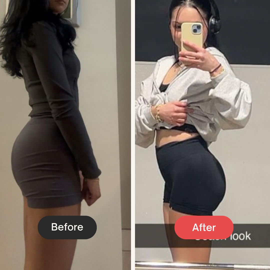 Side-by-side comparison of a woman before and after fitness transformation, showing improved body shape and muscle tone.