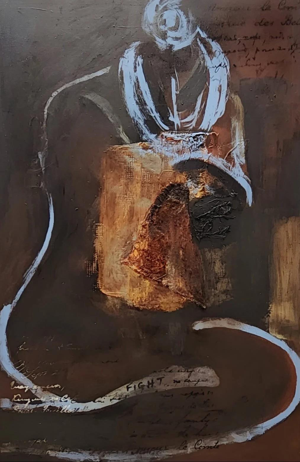 Kneeling with Fire
Acrylic, Charcoal, Fabric on Canvas
24" X 36" Inches | 2025