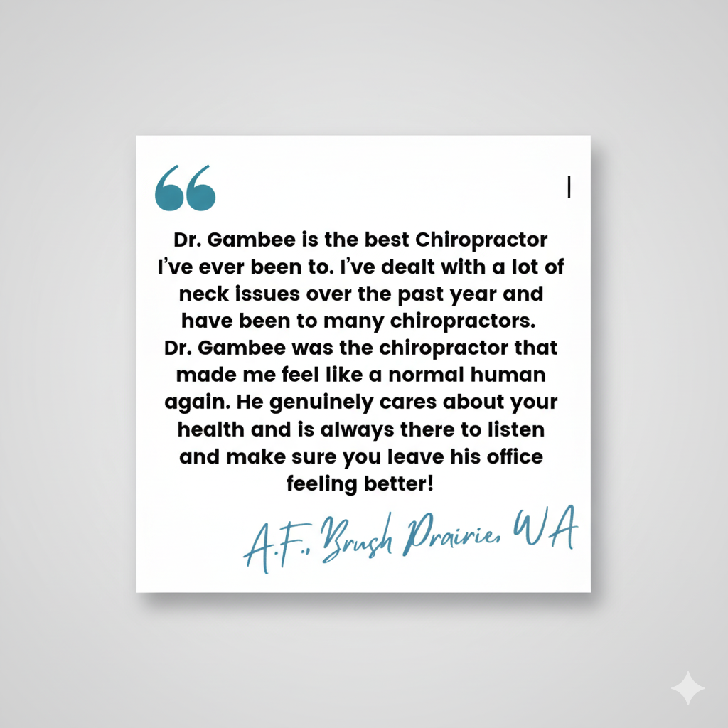 Patient testimonial praising Dr. Seth Gambee’s chiropractic care and healing results.