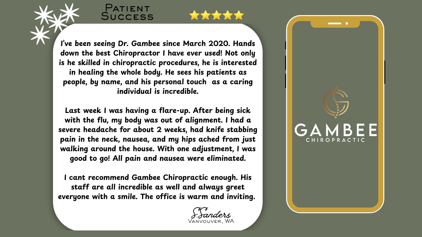 Chiropractic success story: patient reports severe neck pain, headache, nausea, misalignment, and hip pain resolved after one Zone-based adjustment at Gambee Chiropractic. Warm, welcoming clinic environment emphasized.