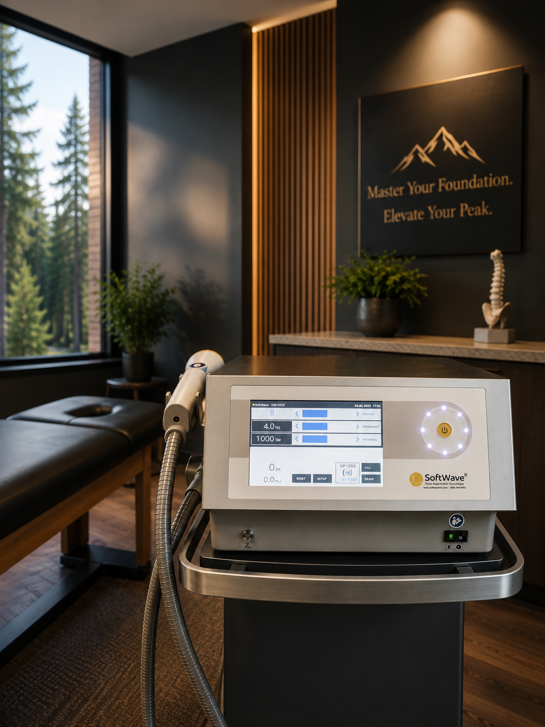 SoftWave tissue regeneration machine in a treatment room at Gambee Chiropractic used to stimulate the body's natural healing response without drugs or surgery.