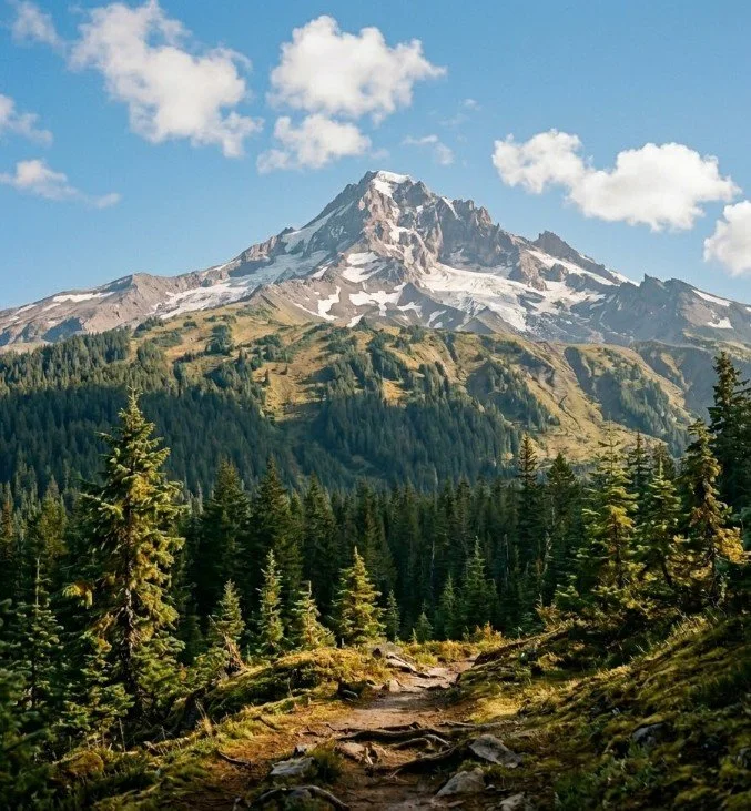 Hiking trail leading through evergreen forest toward a Cascade mountain peak in the Pacific Northwest, symbolizing strength, foundation, and upward progress