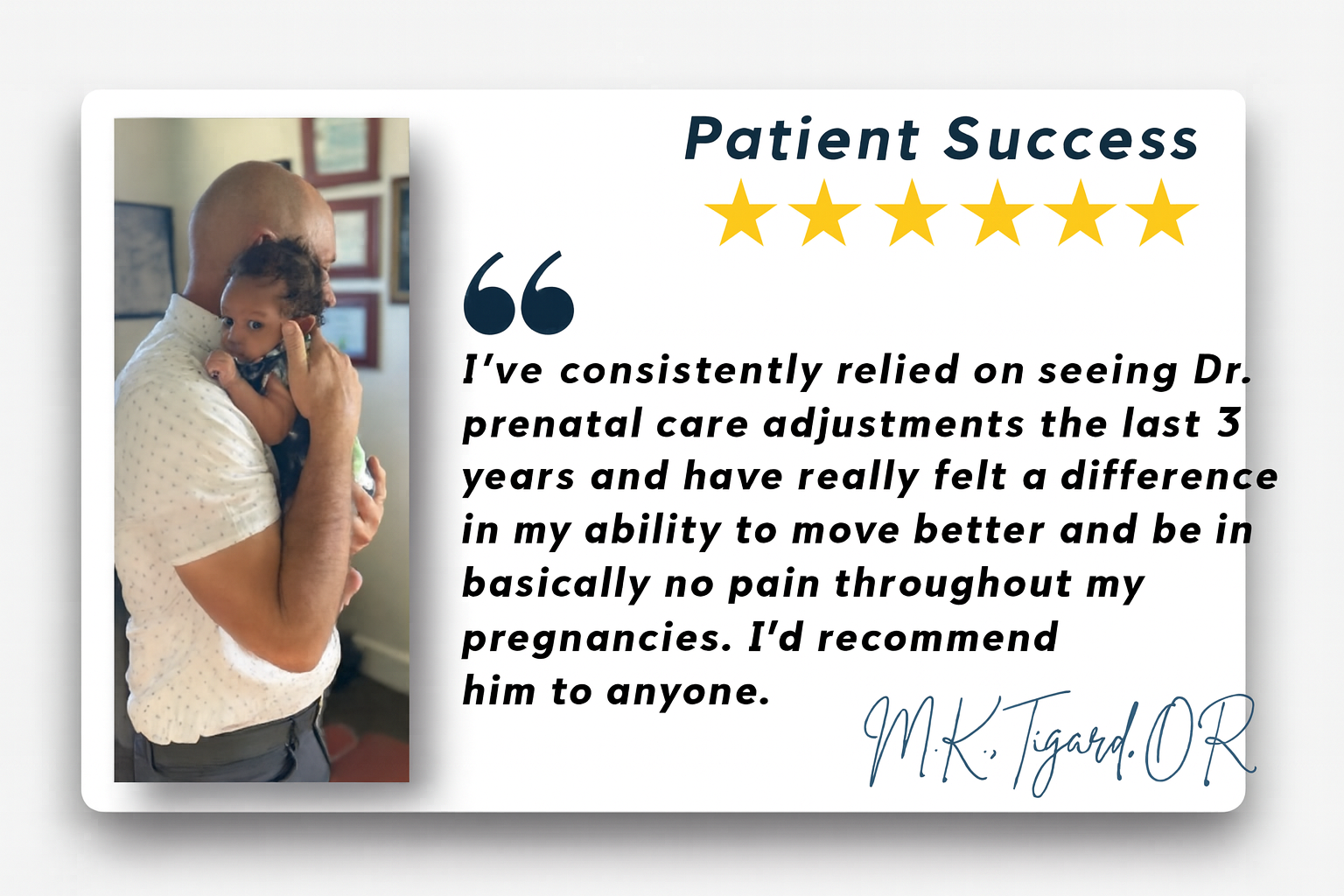 Prenatal care testimonial describing improved mobility and pain-free pregnancy under Dr. Gambee’s chiropractic care