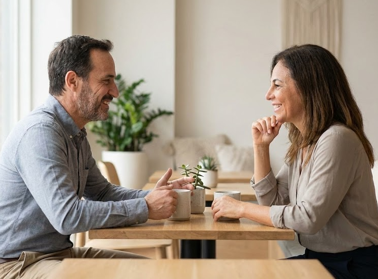Two people having a calm conversation after a car accident, representing guidance and support when navigating next steps.
