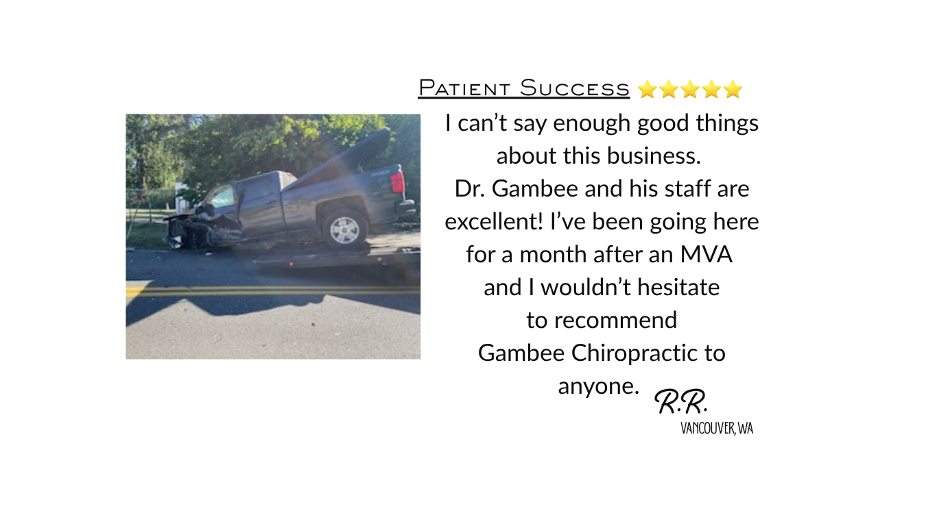 Five-star review describing relief, alignment, and positive patient outcomes after an MVA at Gambee Chiropractic.