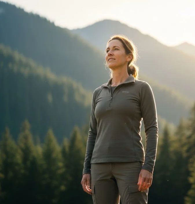 Active woman in Vancouver WA standing with strong posture outdoors, symbolizing relief from neck and back pain through posture correction.