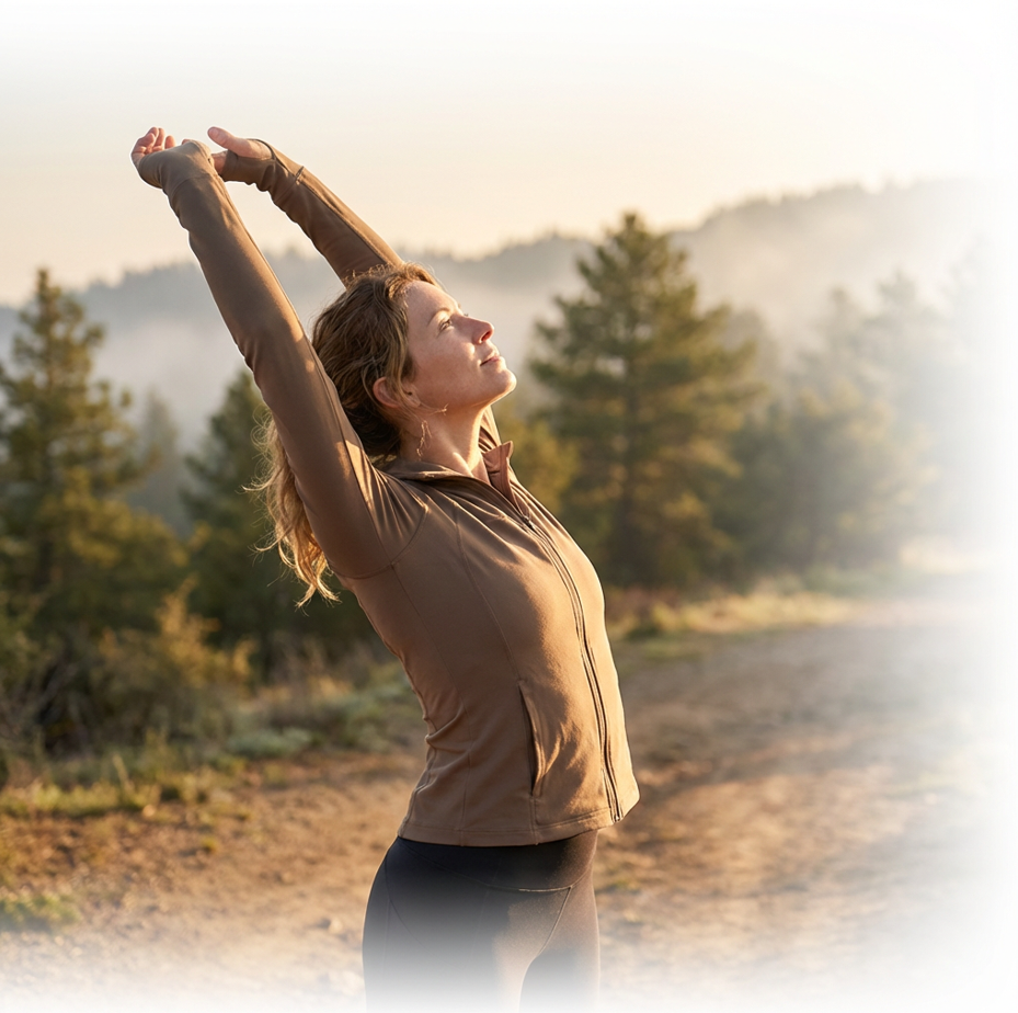 Woman stretching her arms upward in relief with restored posture at sunrise; symbolizes natural healing, alignment, and tension release — chiropractic posture correction in Vancouver WA through the PEAK Protocol