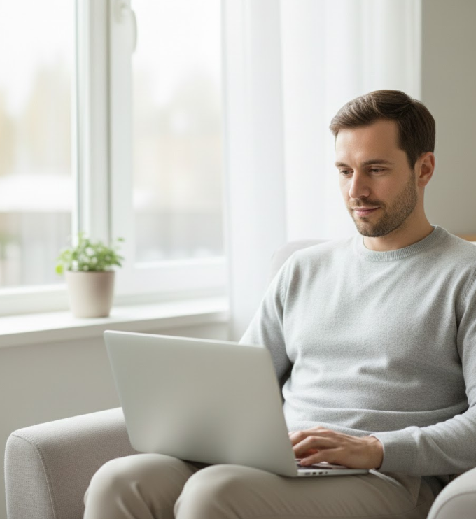 Person calmly reading information at home after a car accident, representing seeking clarity and understanding.