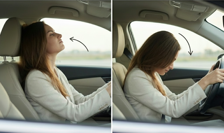 Two-panel image showing back-and-forth head movement of a driver during a rear-end car accident, illustrating whiplash motion of the neck