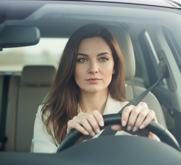 Woman inside her car after a minor auto accident, representing calm and clarity following a collision