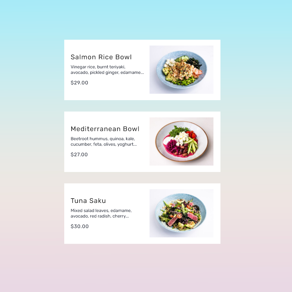 Menu displaying three bowls: Salmon Rice Bowl, Mediterranean Bowl, and Tuna Saku, each with a list of ingredients and prices.