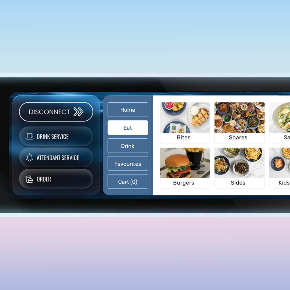 Digital restaurant ordering kiosk screen displaying menu categories such as Bites, Shares, Burgers, Sides, and Kids, with options for home, eat, drink, favorites, cart, and service buttons.