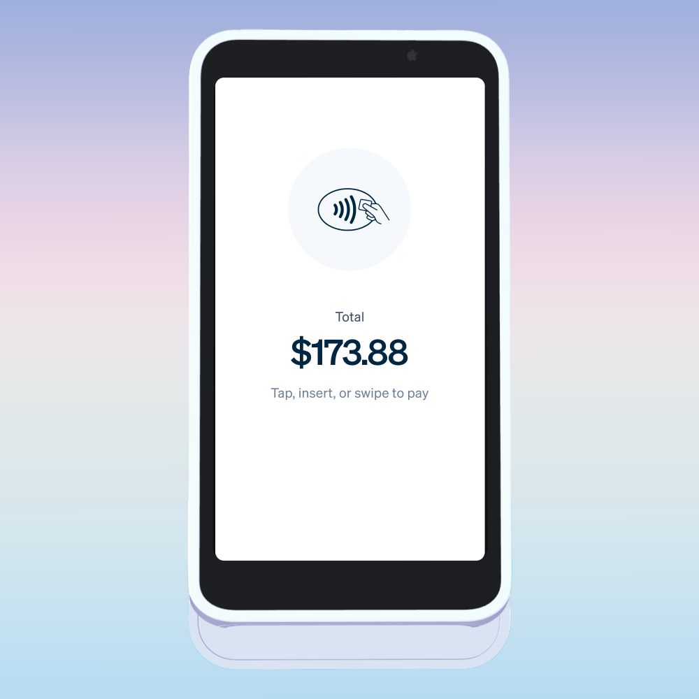 Smartphone screen displaying a contactless payment with a total of $173.88, instructing to tap, insert, or swipe to pay.