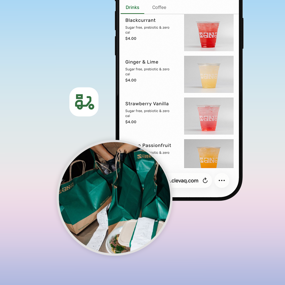 A smartphone screen displaying a menu of flavored drinks, including Blackcurrant, Ginger & Lime, Strawberry Vanilla, and Passionfruit, with images of each drink. In front of the phone is a circular inset showing green takeout bags and food containers on a table.