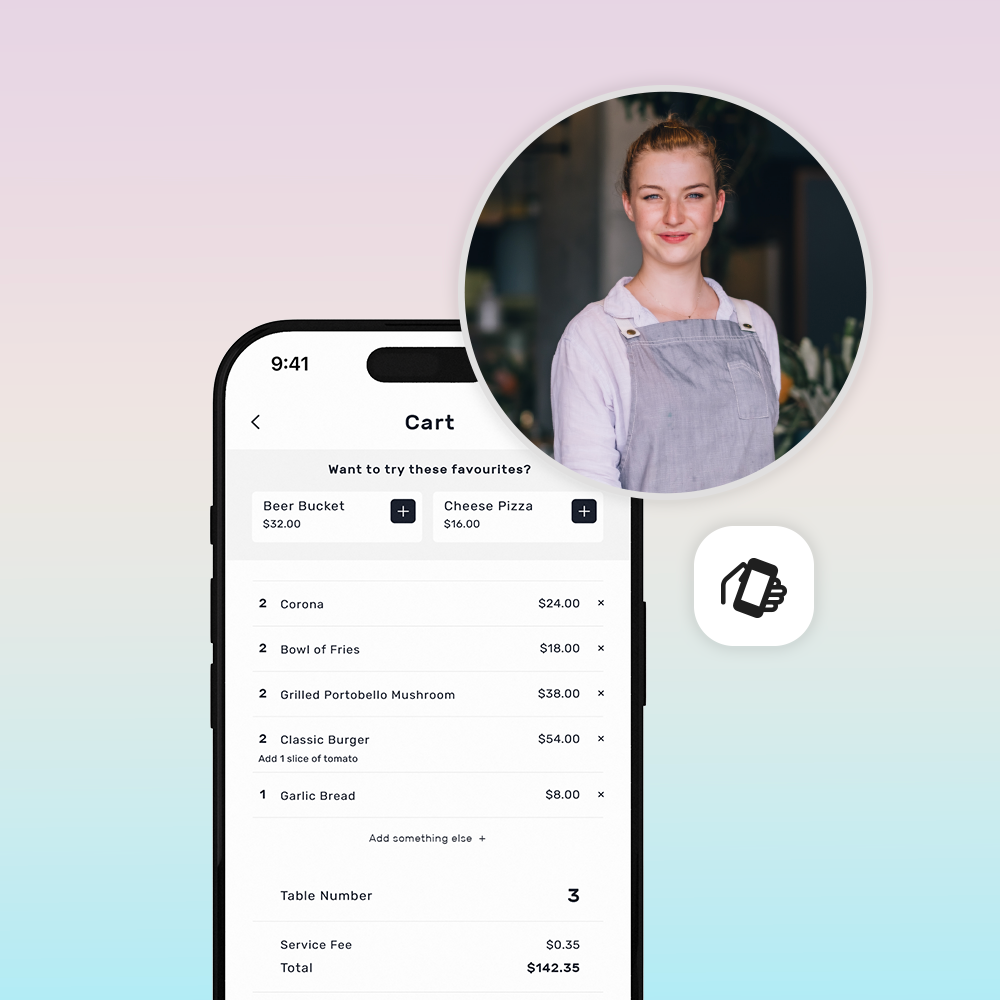 Graphic of a mobile food ordering app showing a cart with various food items, a photo of a smiling female worker wearing an apron, and a hand holding a takeout cup icon.