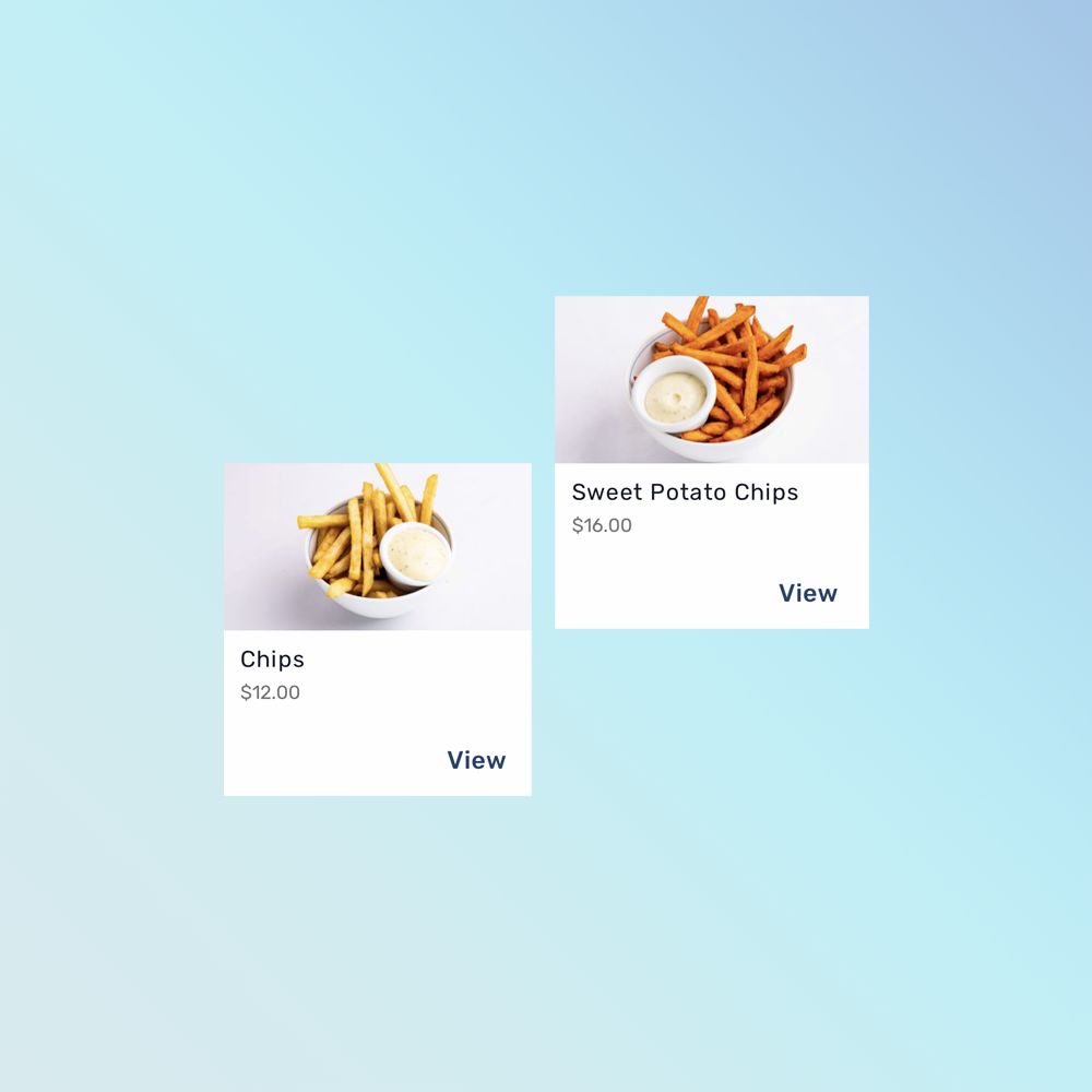 Two food menu cards displaying different types of French fries with dipping sauce on a light blue background. One card shows regular fries priced at $12, and the other shows sweet potato fries priced at $16.