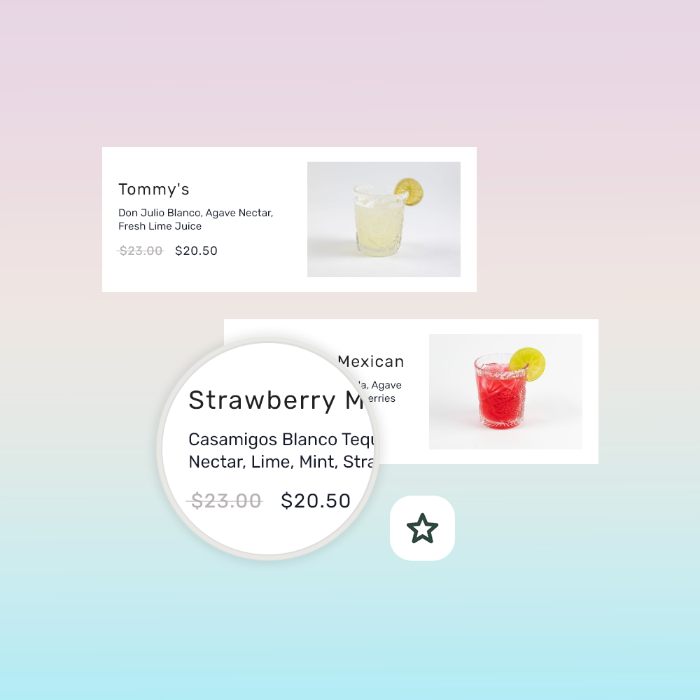 A menu showing two cocktails: a yellow drink called Tommy's with lemon slice garnish, and a red drink called Mexican Strawberry with lemon slice garnish.