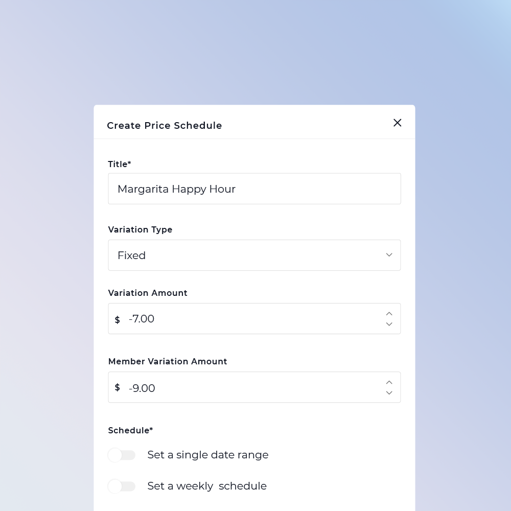Screenshot of a digital form titled 'Create Price Schedule' with fields for title, variation type, variation amount, member variation amount, and schedule options.