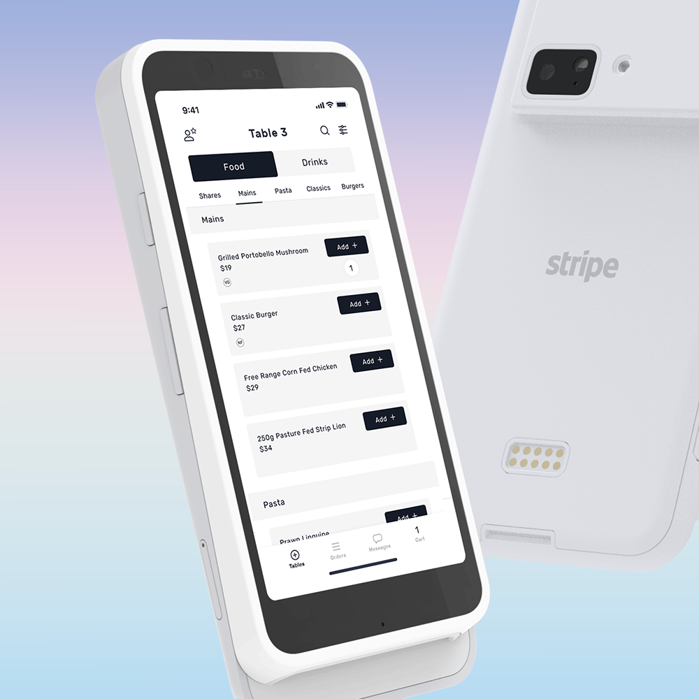 Smartphone displaying a food and drinks ordering app, placed next to a Stripe card reader.