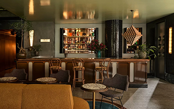 Stylish bar with a variety of liquor bottles, bar chairs, and decorative plants and artwork, featuring dark walls and warm lighting.