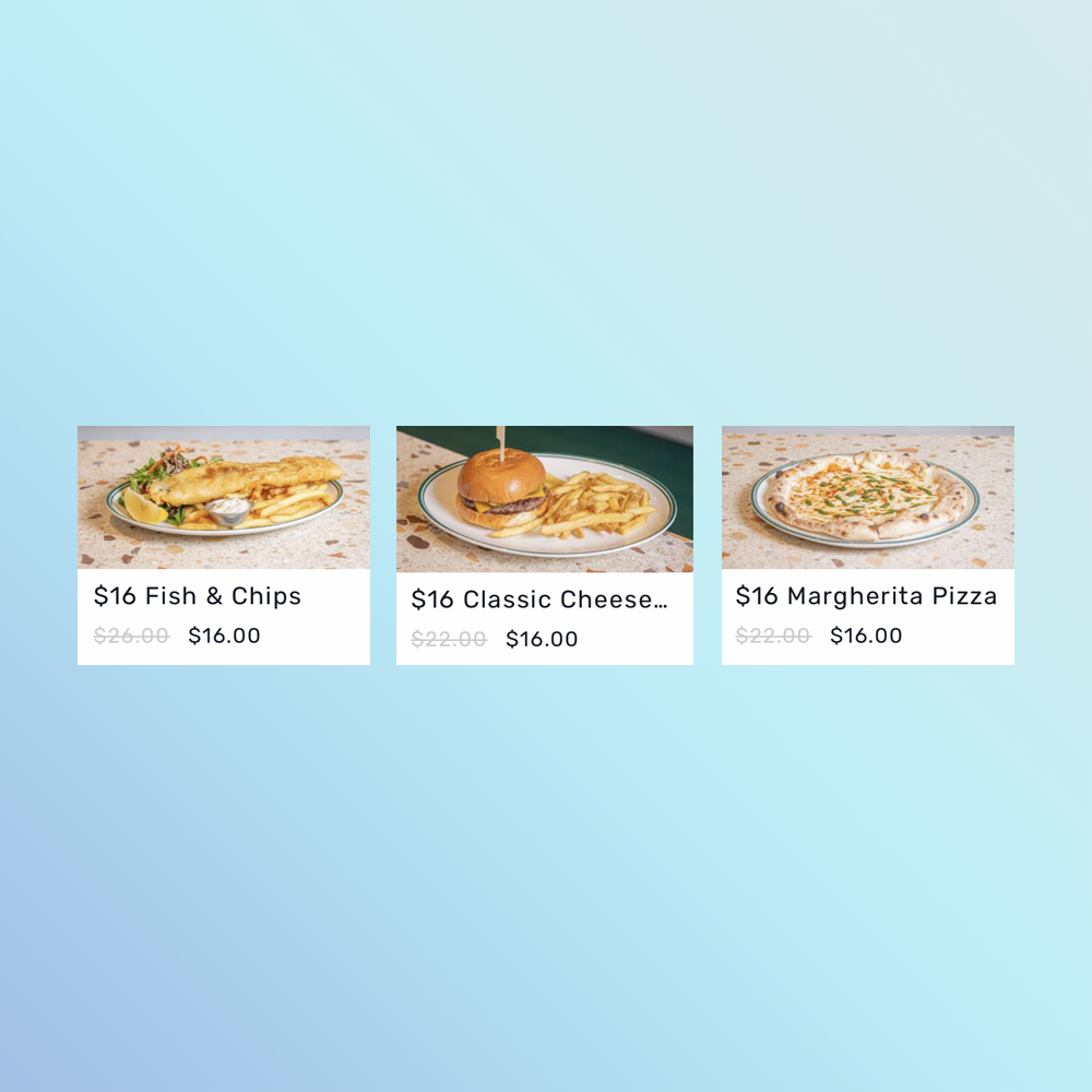 Three food menu items: fish and chips, classic cheeseburger with fries, and margherita pizza, each priced at $16.